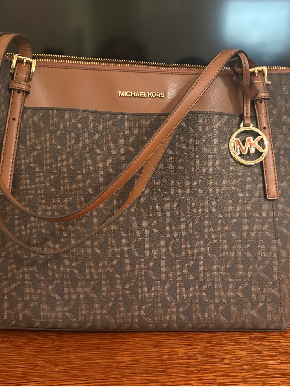 Michael Kors Brown Signature Shoulder Bag with Gold Charm